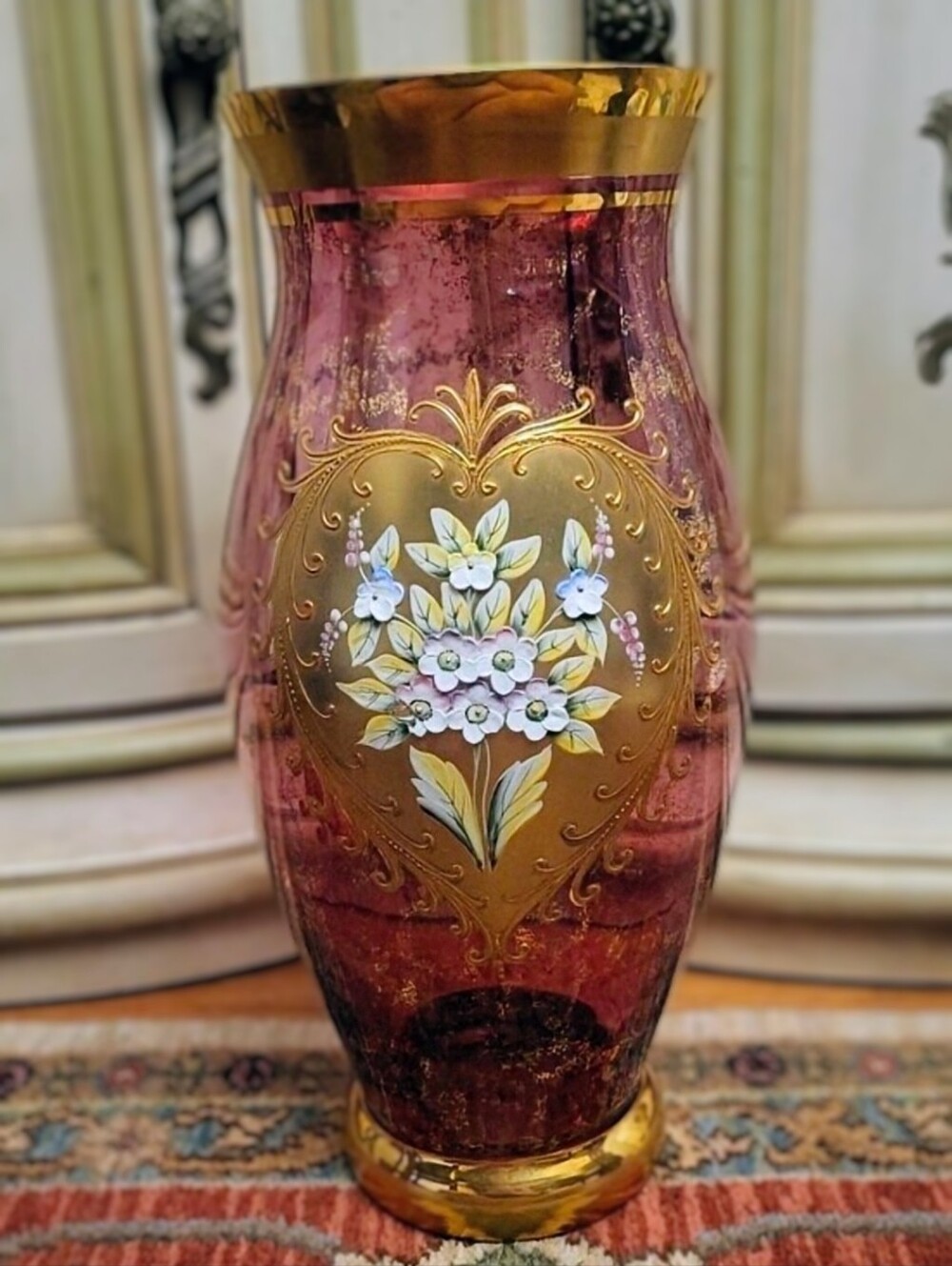 Vintage 22" Bohemian Glass Handpainted Gold Banded Applique 3D Floral Vase*